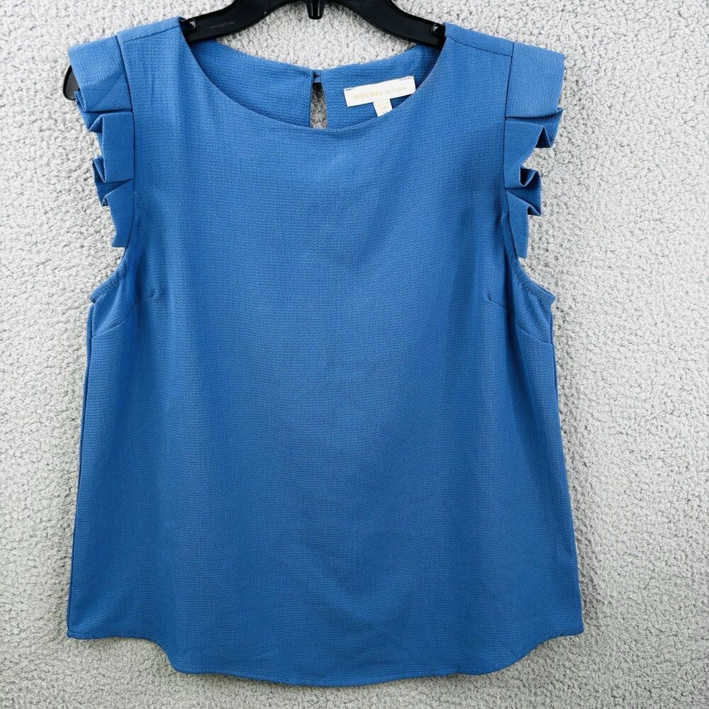 MONTEAU Los Angeles Blouse Medium Blue Box Pleat Short Sleeve